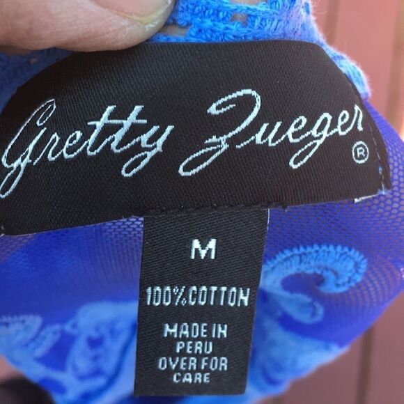 Gretty Zueger Embroidered mesh cotton elbow length sleeve Tunic Ocean Blue Med - Picture 12 of 17